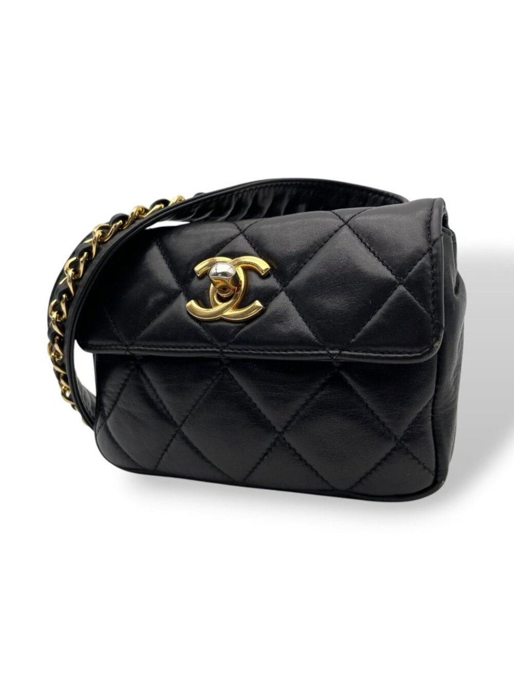 Chanel Quilted Waist Pouch Belt Bag CC Logo Lambskin Leather Black Gold Vintage